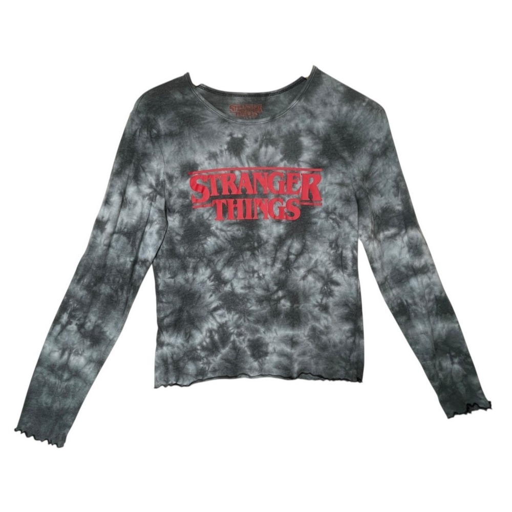 Stranger Things Long Sleeve Shirt Top Junior Girls L  Black Gray Tie Dye Crop